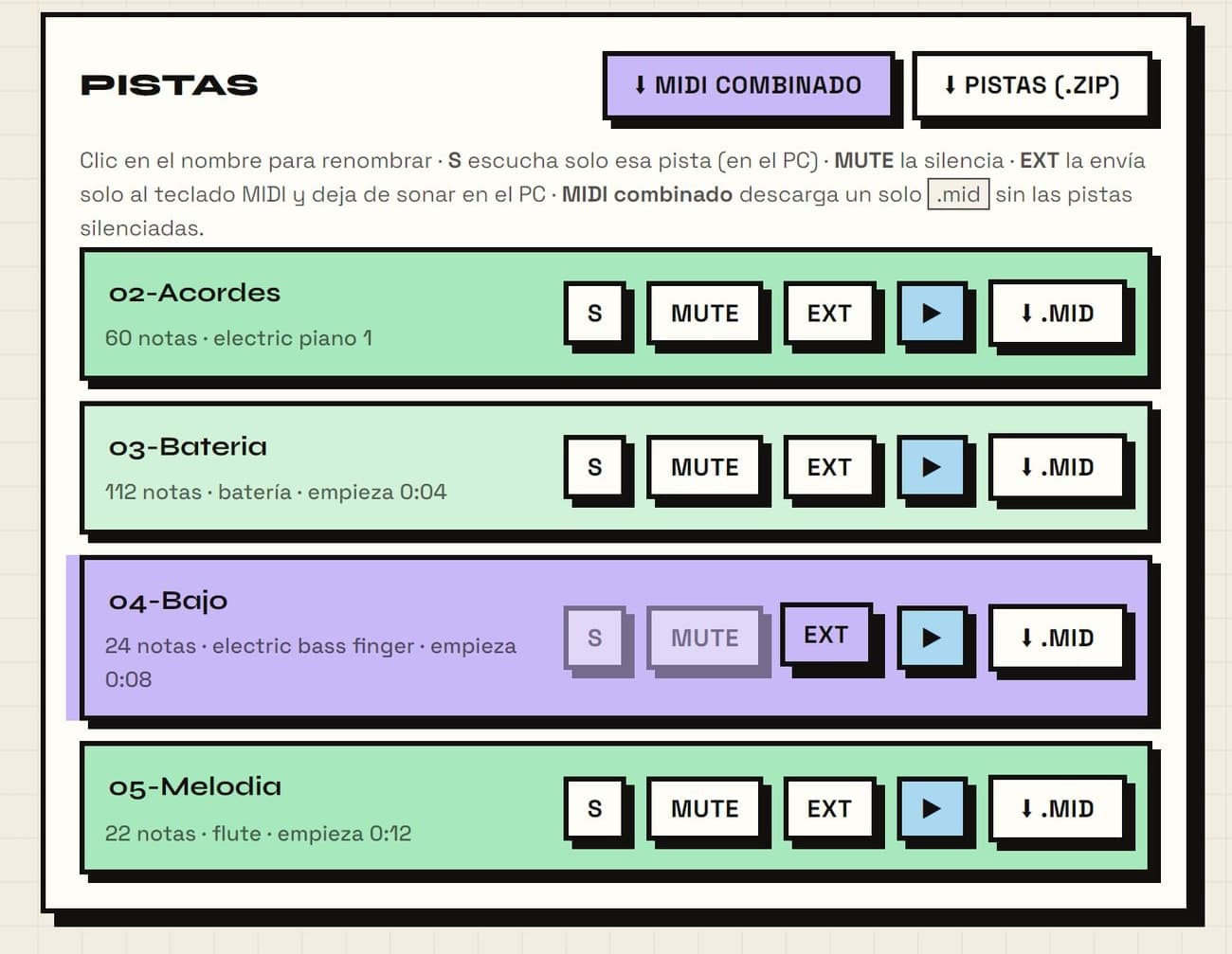 Pistas sonando: en verde las que suenan en el PC y en lila la que se envía al teclado externo.