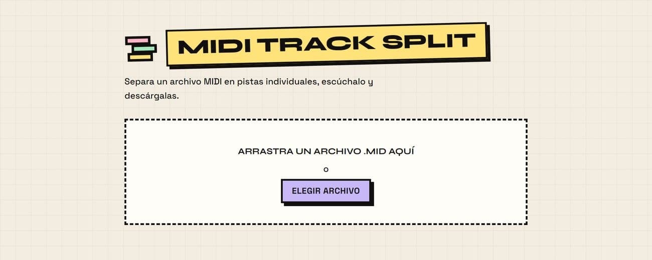 Pantalla de inicio de MIDI Track Split con la zona para arrastrar un archivo .mid.
