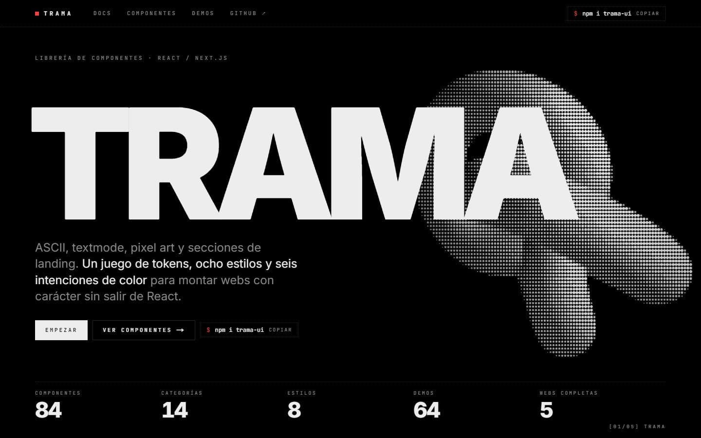 Portada de Trama con el título gigante y una forma 3D dibujada con caracteres ASCII.