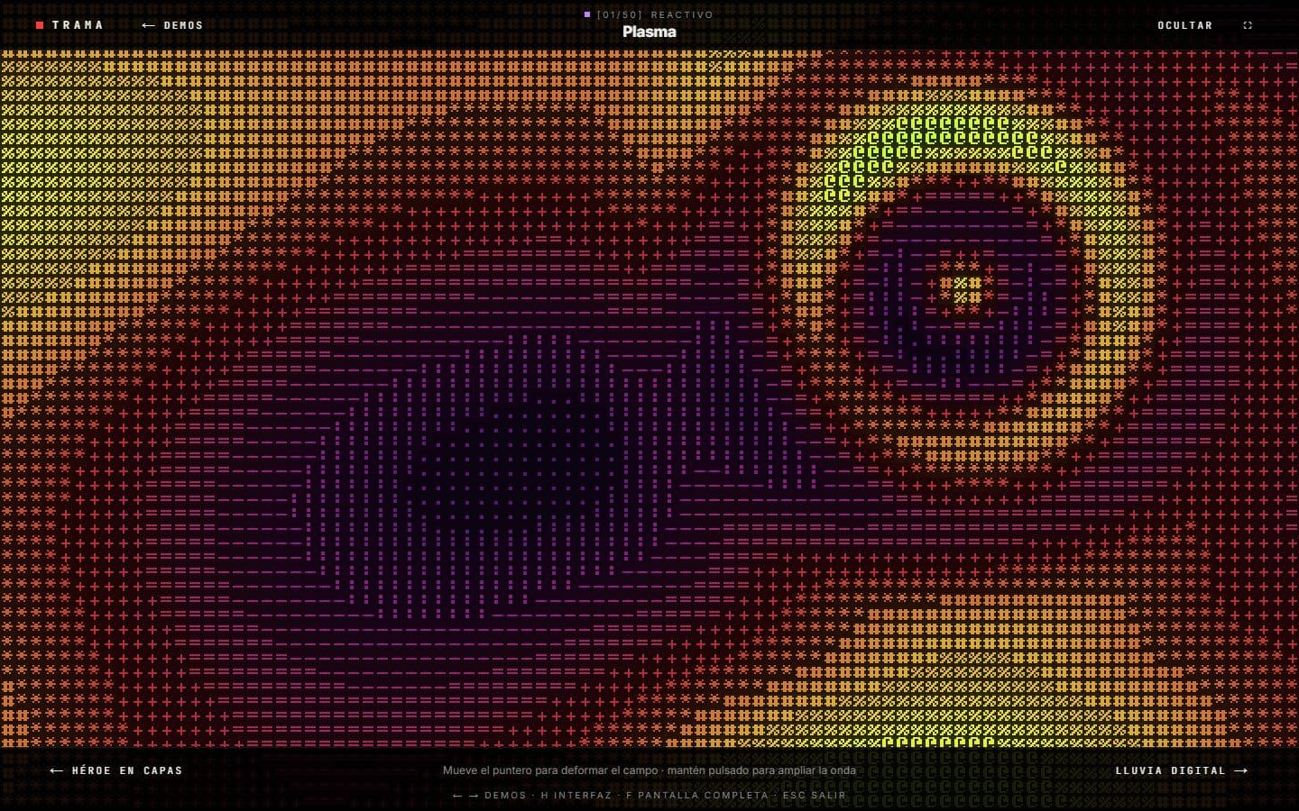 Demo de plasma en ASCII a pantalla completa, con una paleta de naranjas y rojos.