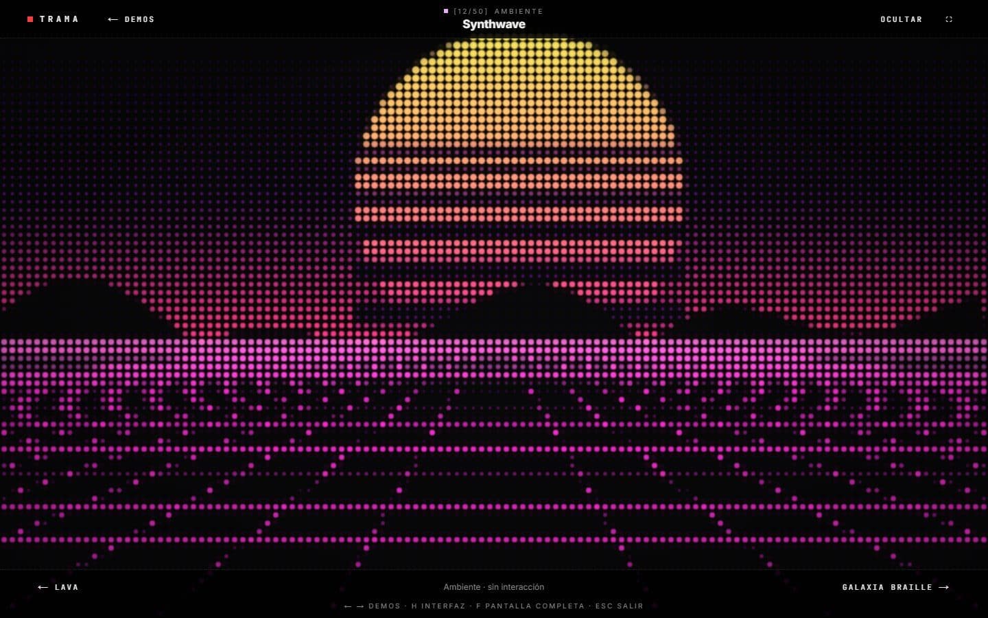 Demo de synthwave con un sol y un paisaje dibujados con caracteres.