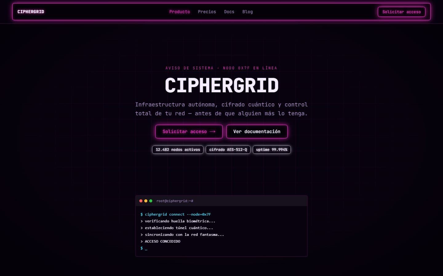 Landing de referencia «Ciphergrid», de estética ciberpunk, construida solo con componentes de Trama.