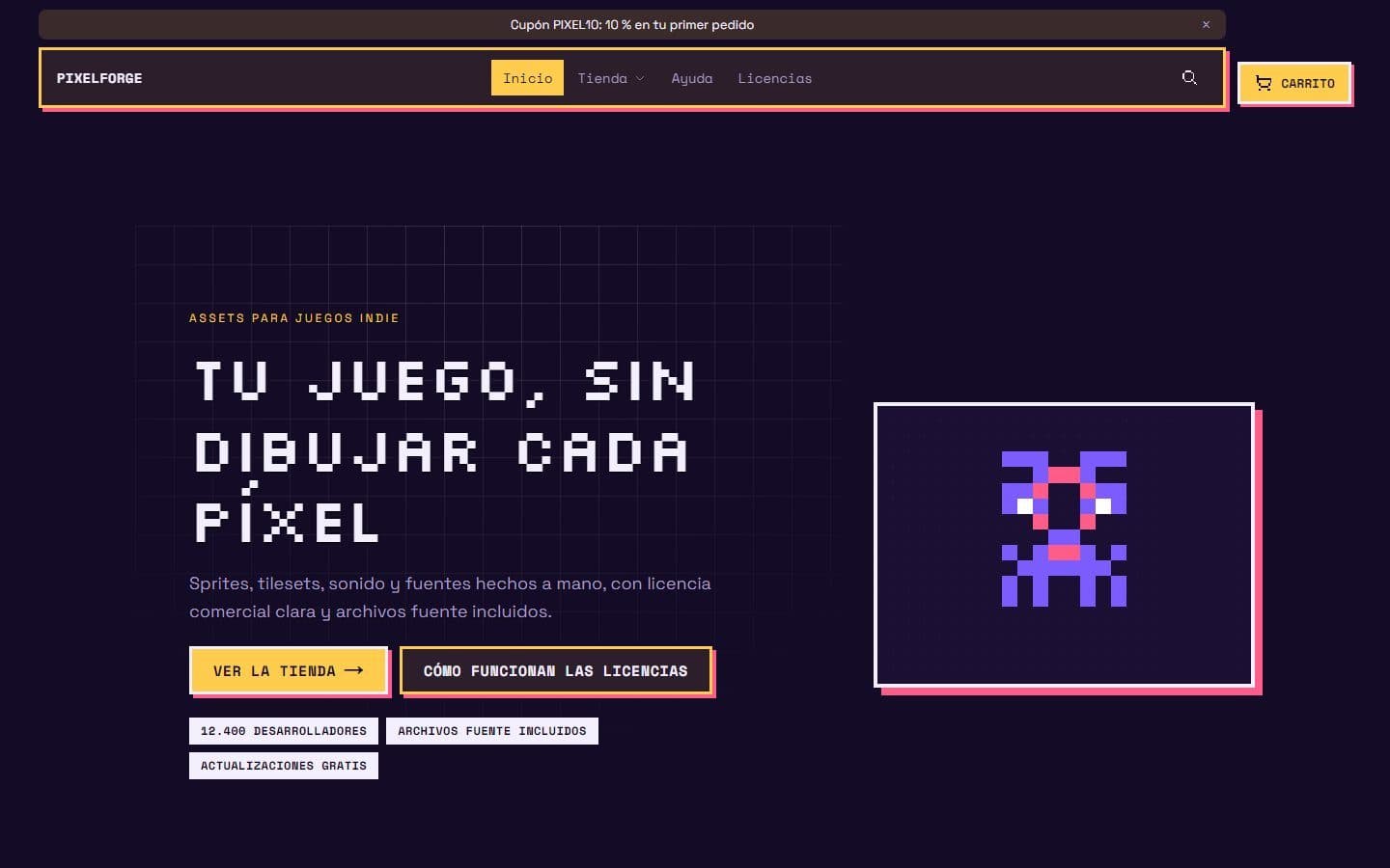 Web de referencia «Pixelforge», una tienda de assets de pixel art, hecha con Trama.