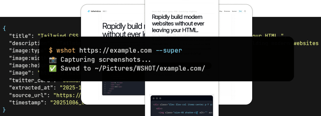 Portada de wshot: el comando «wshot https://example.com --super» sobre capturas de una web en escritorio y móvil y los metadatos Open Graph extraídos en JSON.