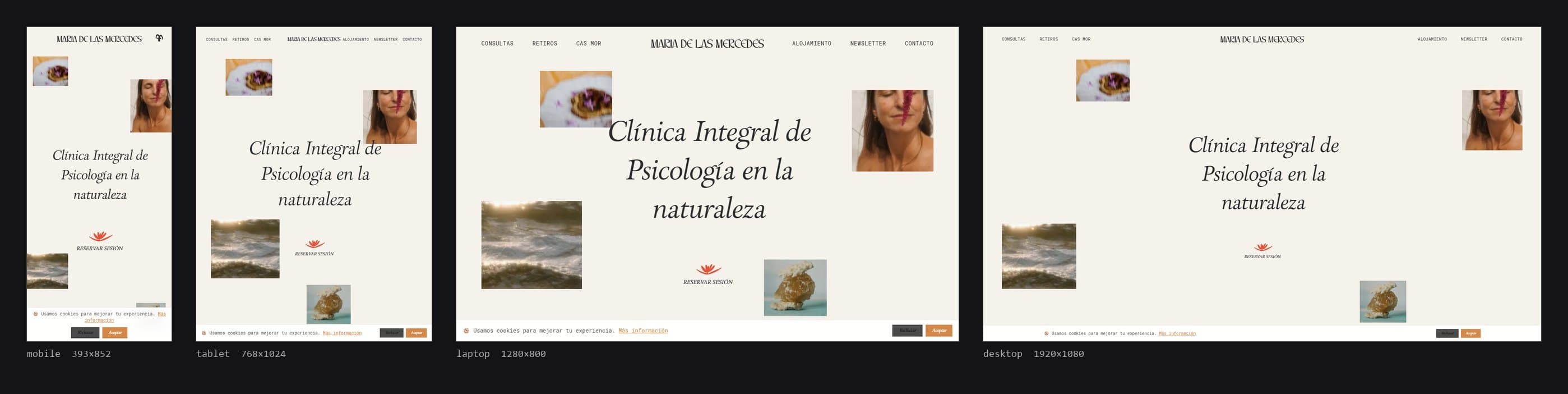 Salida de wshot en cuatro dispositivos (móvil 393×852, tablet 768×1024, portátil 1280×800 y escritorio 1920×1080) sobre la portada de una web.