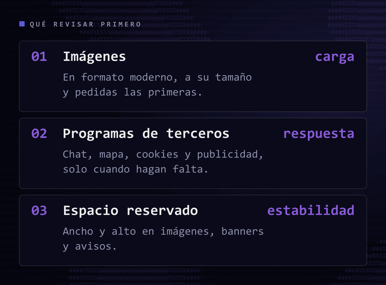 Esquema con lo primero que conviene revisar en cada medida: las imágenes para la carga, los programas de terceros para la respuesta y el espacio reservado para la estabilidad.