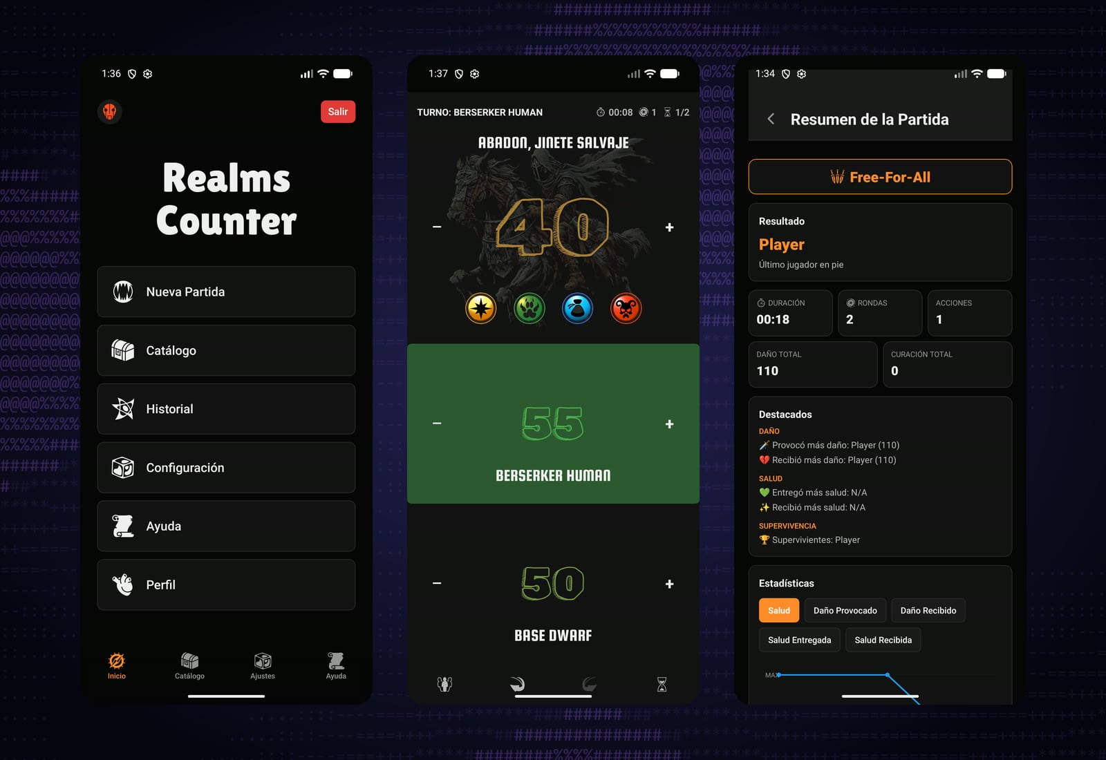 Tres pantallas de Realms Counter en Android: el menú de inicio, el marcador de una partida con la vida del jefe y de dos jugadores, y el resumen de una partida terminada.