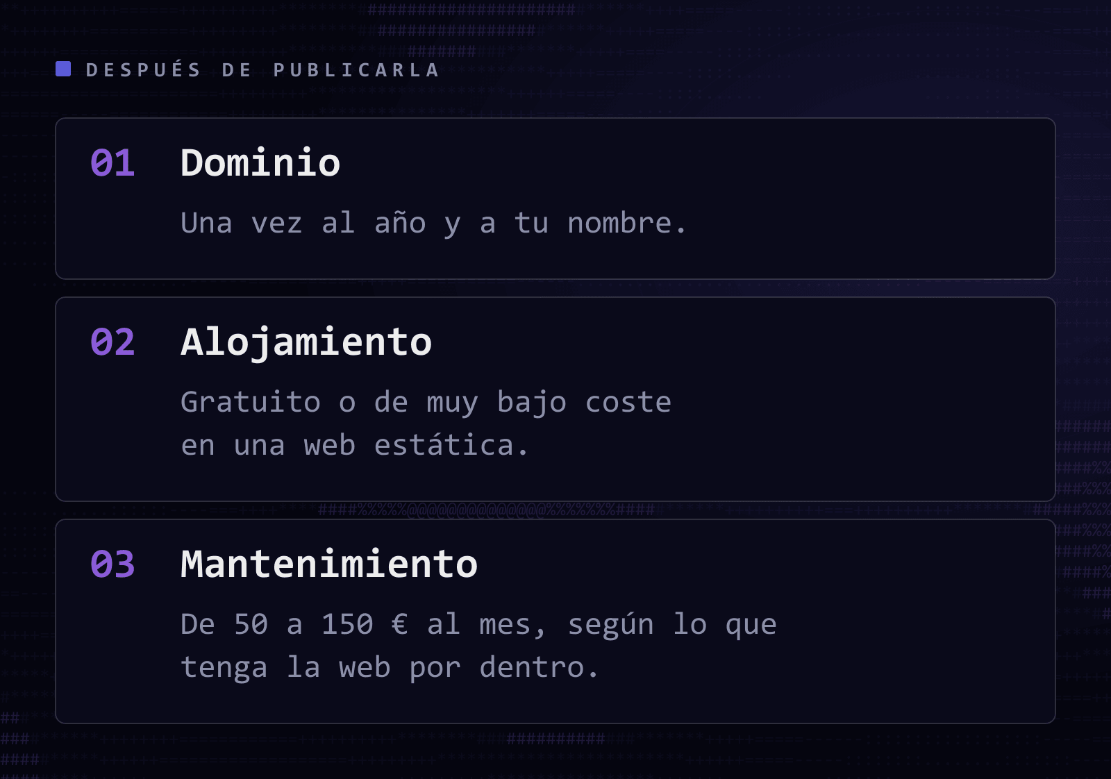 Lista de los tres gastos de una web ya publicada: el dominio, una vez al año; el alojamiento, gratuito o de muy bajo coste en una web estática; y el mantenimiento, de 50 a 150 € al mes.