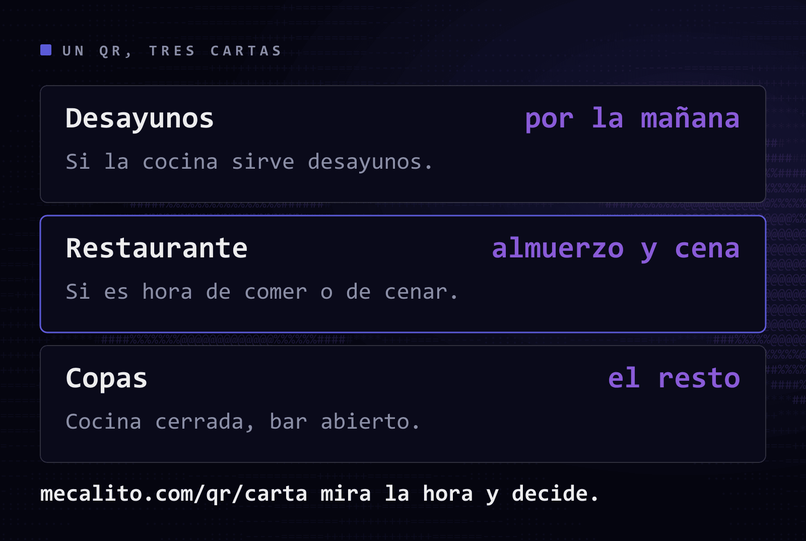 Un mismo QR y tres destinos según la hora: la carta de desayunos por la mañana, la del restaurante en el almuerzo y la cena, y la de copas el resto del tiempo o cuando la cocina está cerrada.